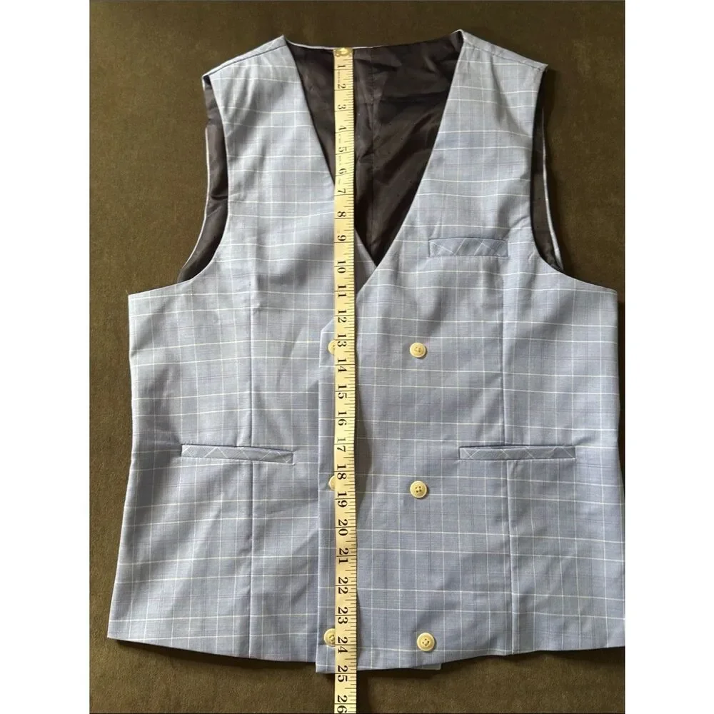 Men’s Light Blue Windowpane Double-Breasted Vest V-Neck Size 36 NWOT